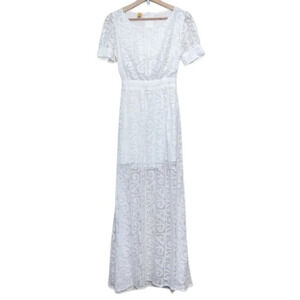 Farm Rio Womens P White Maxi Short Sleeve Lace Open Back  Dress